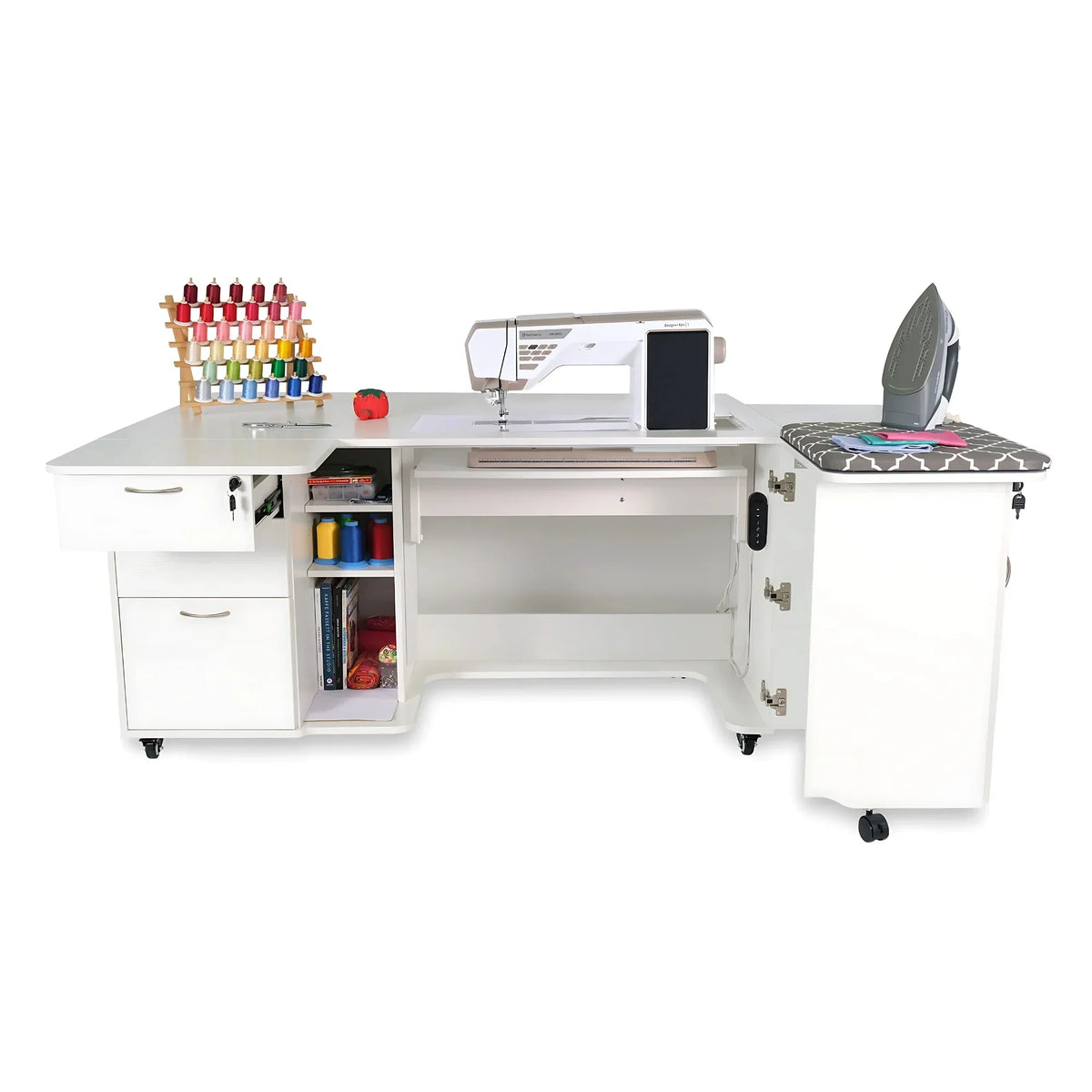 Kangaroo Sydney XL Electric Sewing Cabinet in Ash White K4711EL open with sewing machine and storage