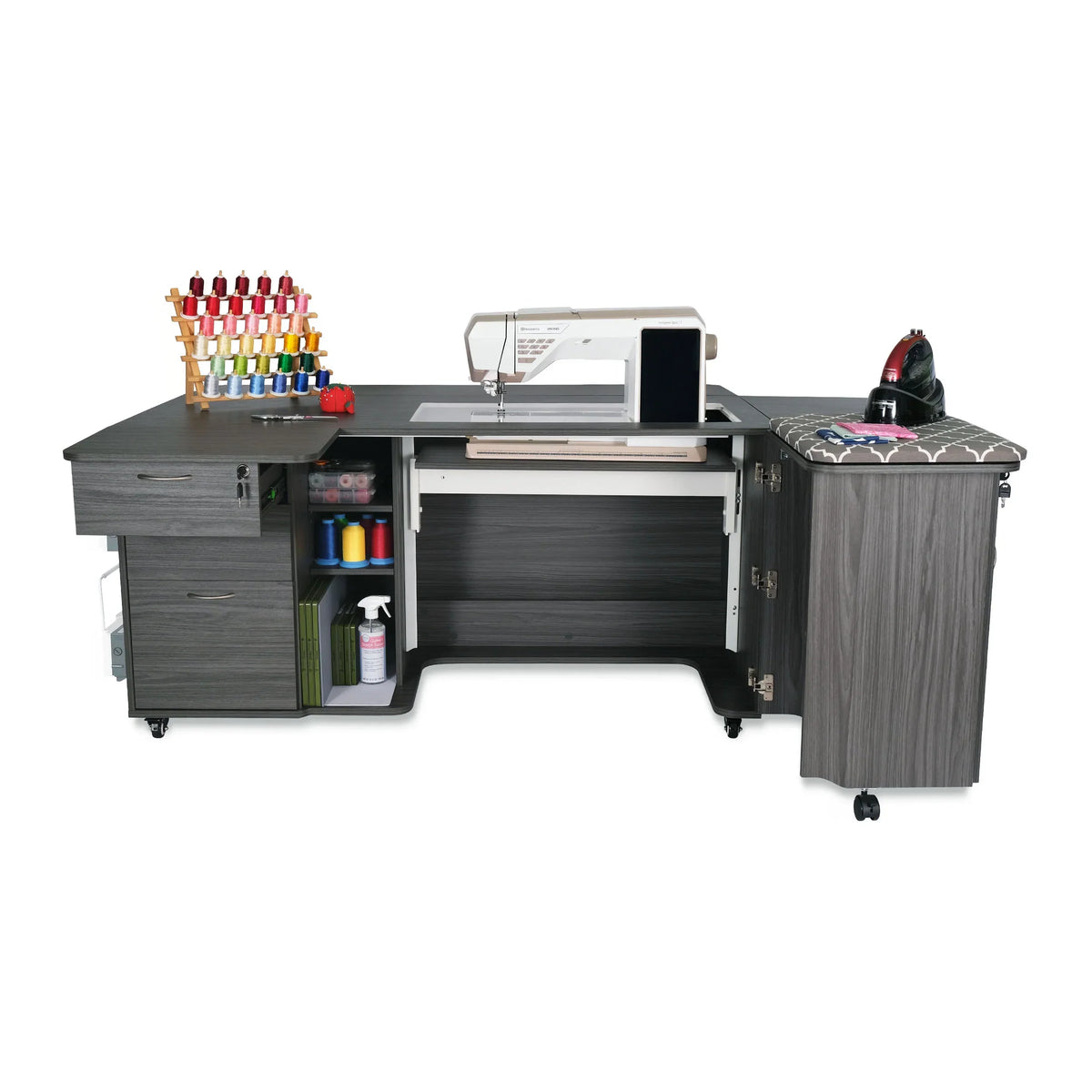 Kangaroo Sydney XL Hydraulic Sewing Cabinet in Gray K4707XL open with sewing machine and storage