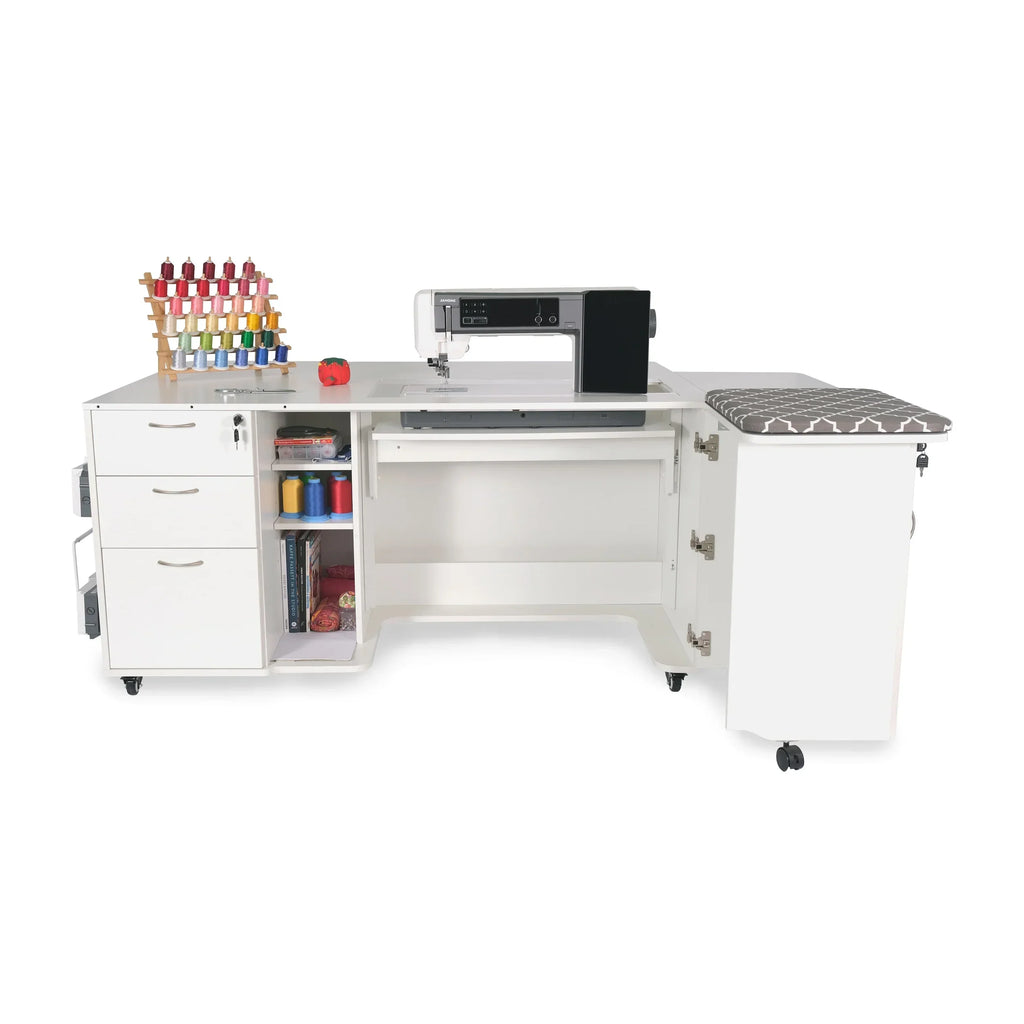 Kangaroo Sydney XL Hydraulic Sewing Cabinet in Ash White K4711XL open with sewing machine and storage