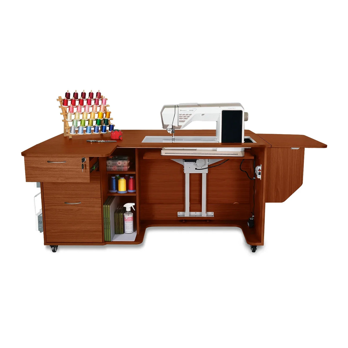 Kangaroo Sydney Lite XL Electric Sewing Cabinet in Teak K4705NDEL with sewing machine and extended workspace