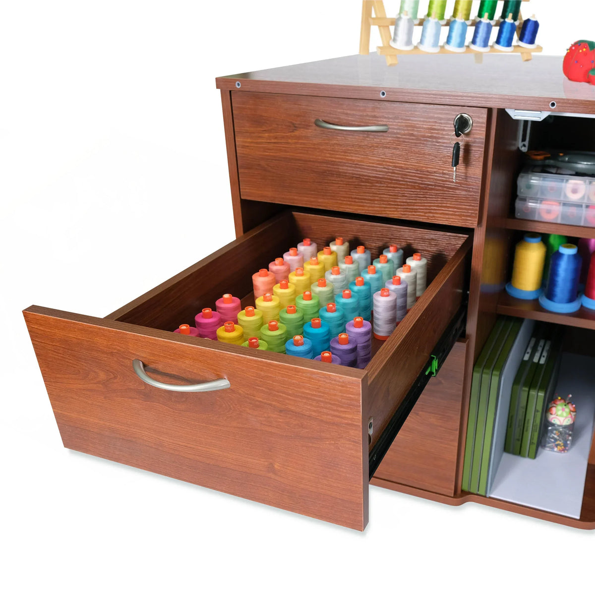 Kangaroo Sydney Lite XL Electric Sewing Cabinet in Teak K4705NDEL thread storage drawer