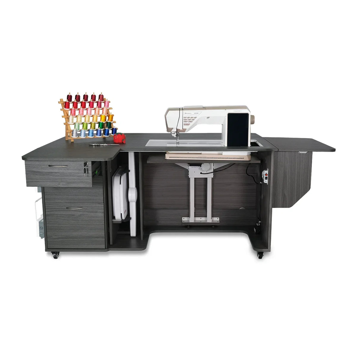 Kangaroo Sydney Lite XL Electric Sewing Cabinet in Gray K4707NDEL with sewing machine and extended workspace
