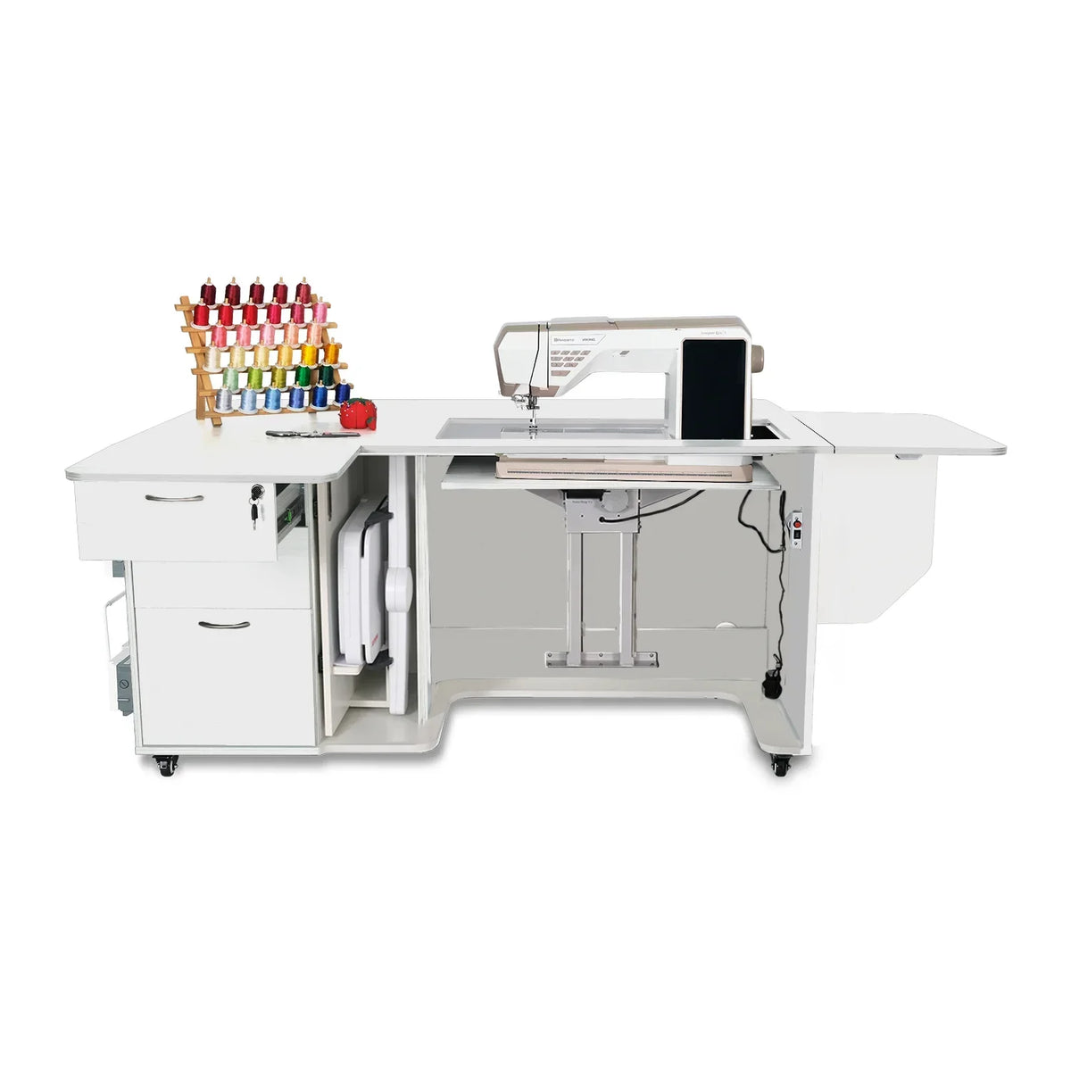Kangaroo Sydney Lite XL Electric Sewing Cabinet in Ash White K4711NDEL with sewing machine and extended workspace
