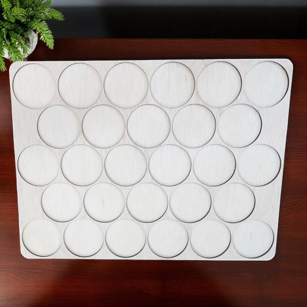 King Spool Thread Storage Tray for 5,000m Spools — empty wooden tray with large circular openings