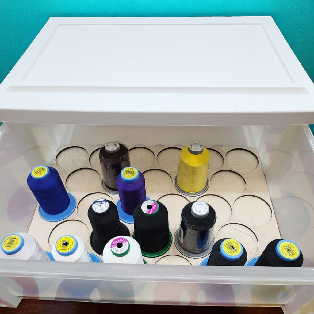 King Spool Thread Storage Tray for 5,000m Spools — large-spool tray in an open drawer of a white cart
