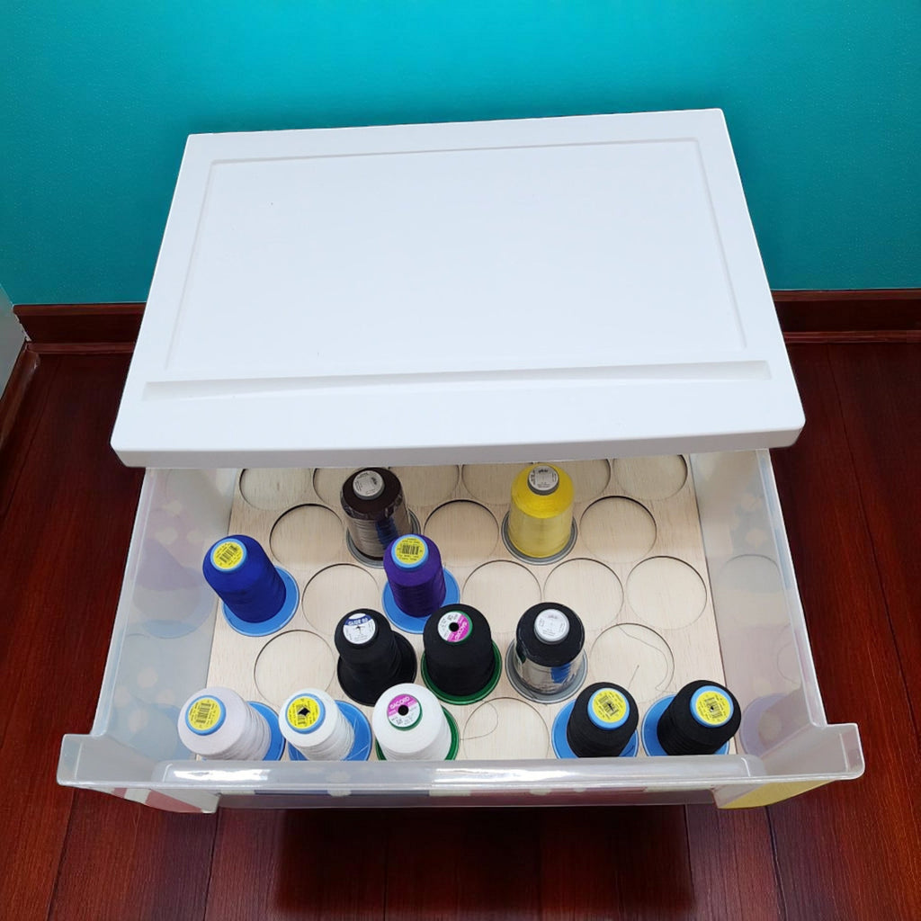 King Spool Thread Storage Tray for 5,000m Spools — overhead view of the open drawer and sample spools