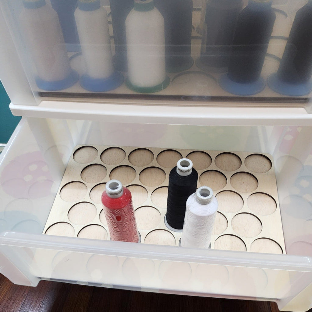 King Spool Thread Storage Tray for 5,000m Spools — tray with three large spools inside an open drawer