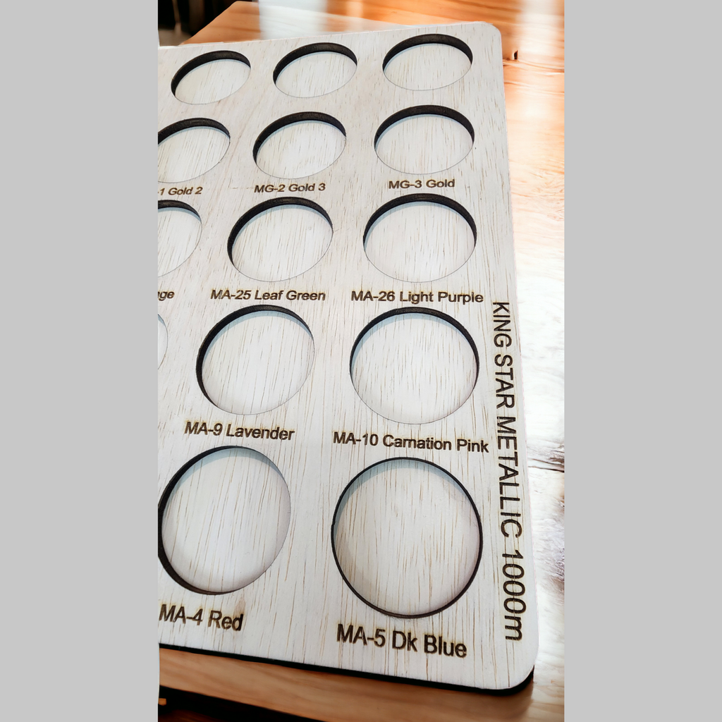 Kingstar Metallic Thread Storage Tray, 25 Spools — close-up of engraved metallic thread color names