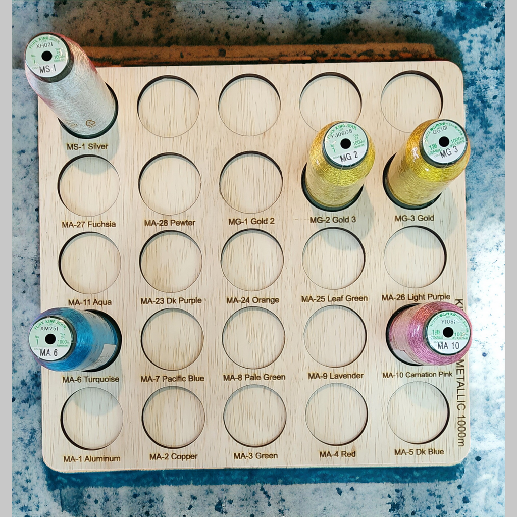Kingstar Metallic Thread Storage Tray, 25 Spools — overhead view with sample metallic spools