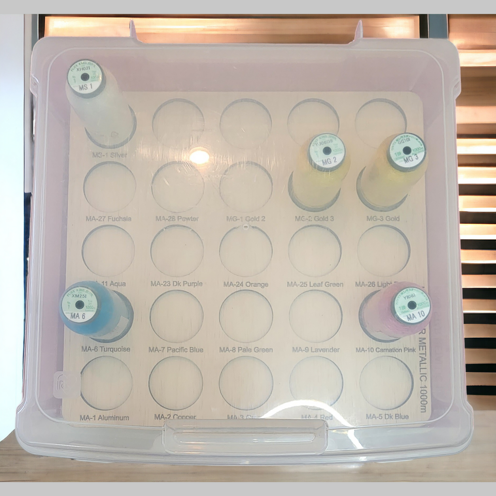 Kingstar Metallic Thread Storage Tray, 25 Spools — tray and spools beneath a closed clear lid
