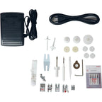 Pfaff Creative Expect 350 accessories kit including presser feet, power pedal, needles, and tools