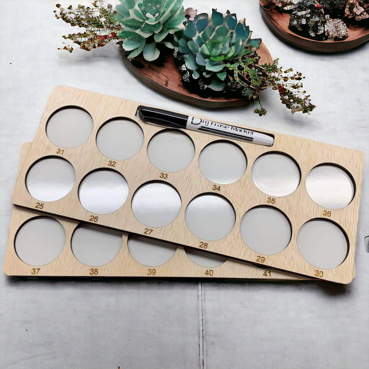 Embroidery Project Thread Trays, Set 2, Numbers 25–48 — overlapping marker-holder trays with a dry erase marker