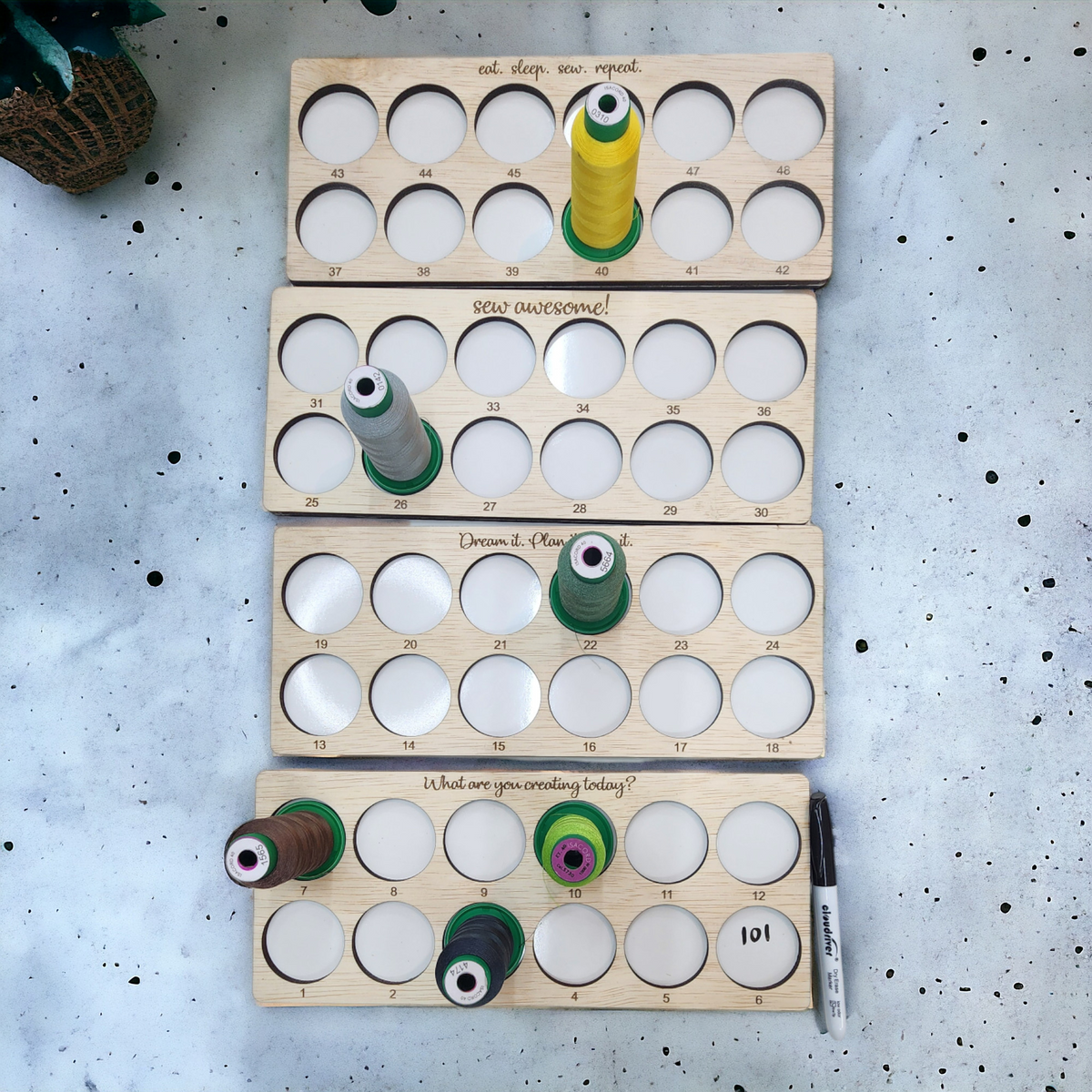 Embroidery Project Thread Trays, Combo Set, Numbers 1–48 — four trays with thread arranged across numbered spaces