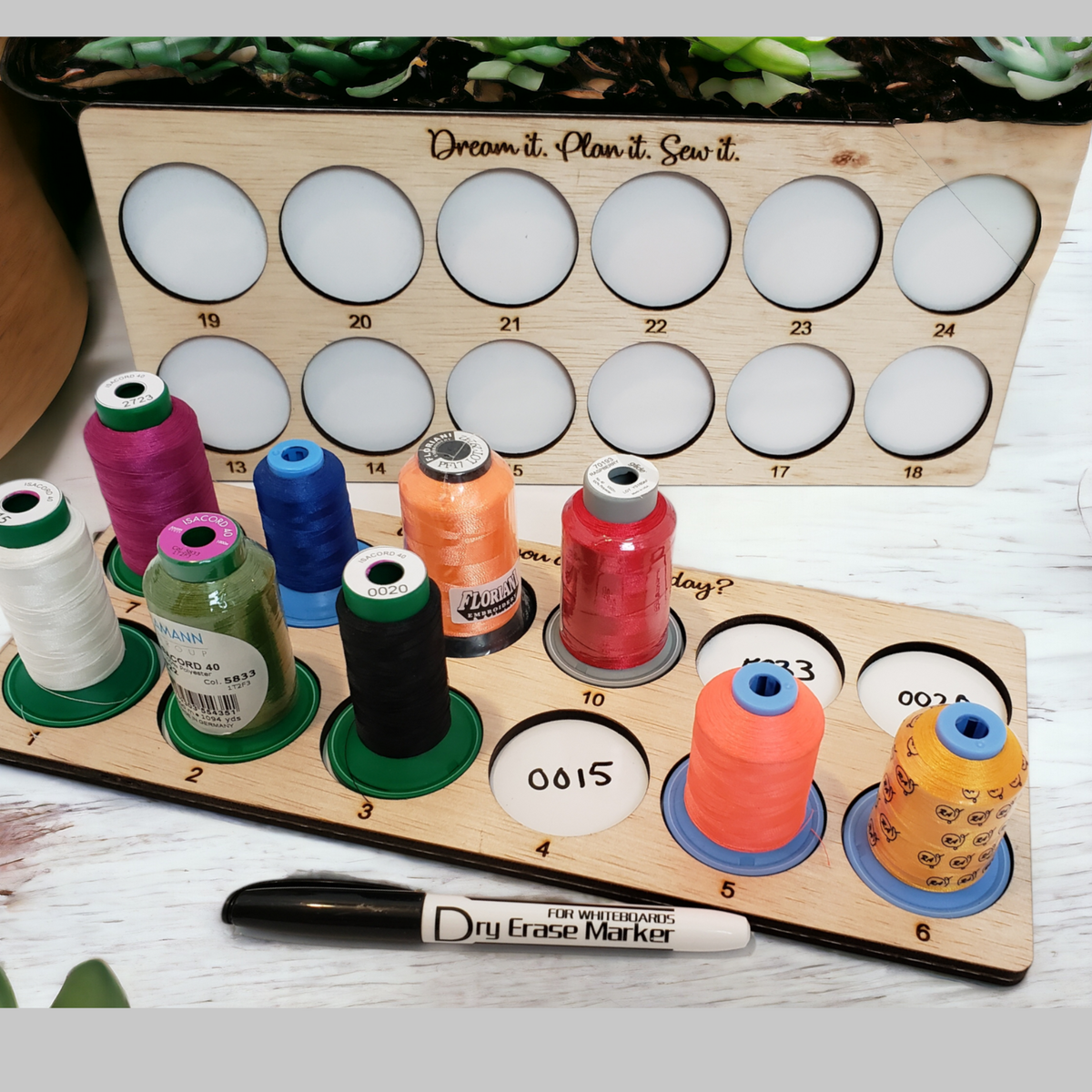 Embroidery Project Thread Trays, Set 1, Numbers 1–24 — sewing-quote trays with thread arranged in stitch order