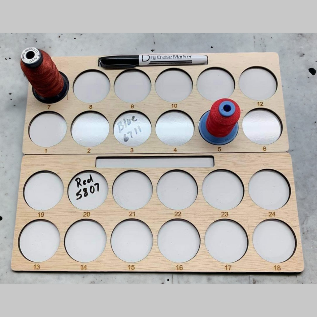 Embroidery Project Thread Trays, Set 1, Numbers 1–24 — marker-holder trays numbered 1 through 24 with thread and notes