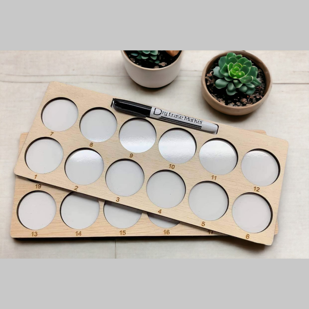 Embroidery Project Thread Trays, Set 1, Numbers 1–24 — overlapping marker-holder trays with dry erase marker