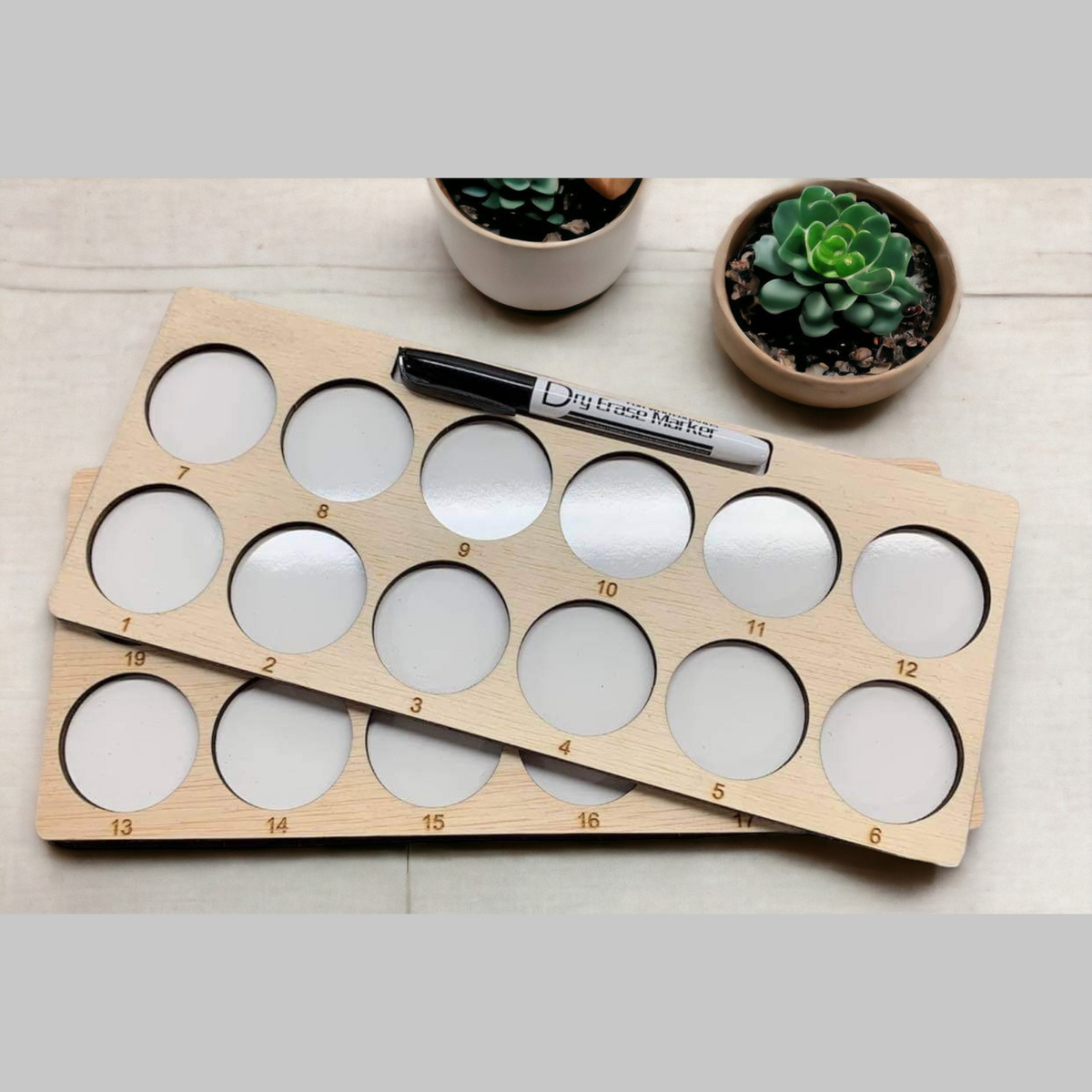 Embroidery Project Thread Trays, Set 1, Numbers 1–24 — overlapping marker-holder trays with dry erase marker