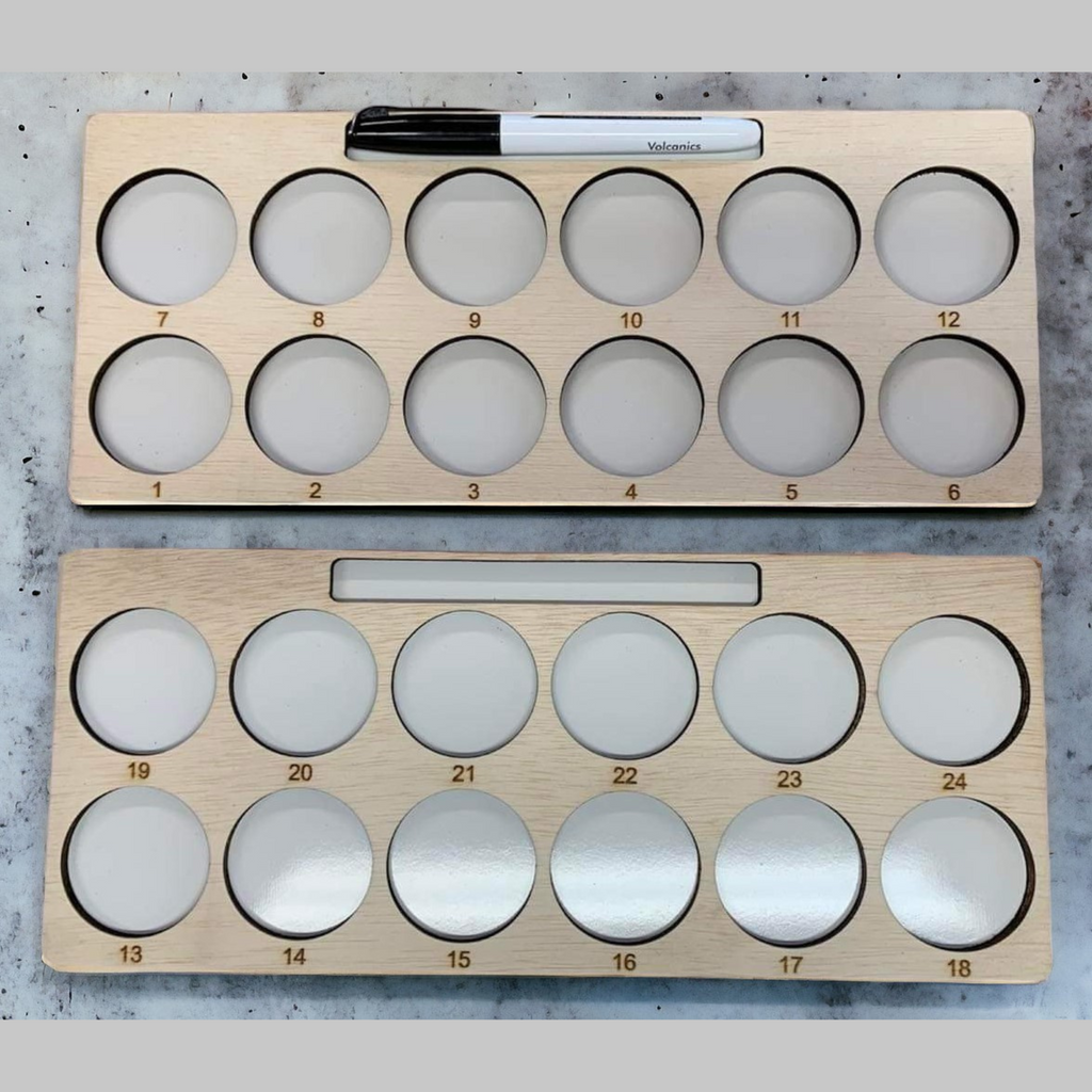 Embroidery Project Thread Trays, Set 1, Numbers 1–24 — overhead view of empty marker-holder trays numbered 1 through 24