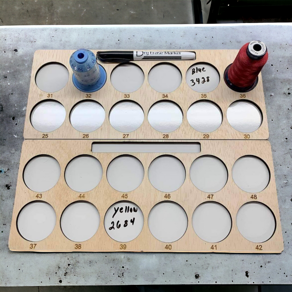 Embroidery Project Thread Trays, Set 2, Numbers 25–48 — marker-holder trays numbered 25 through 48 with thread and notes