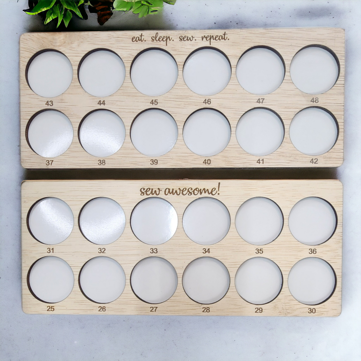 Embroidery Project Thread Trays, Set 2, Numbers 25–48 — empty sewing-quote trays numbered 25 through 48