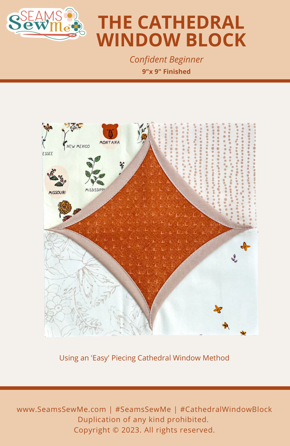 The Cathedral Window Block digital quilt pattern by Belle Brunner of Seams Sew Me, showing a finished block