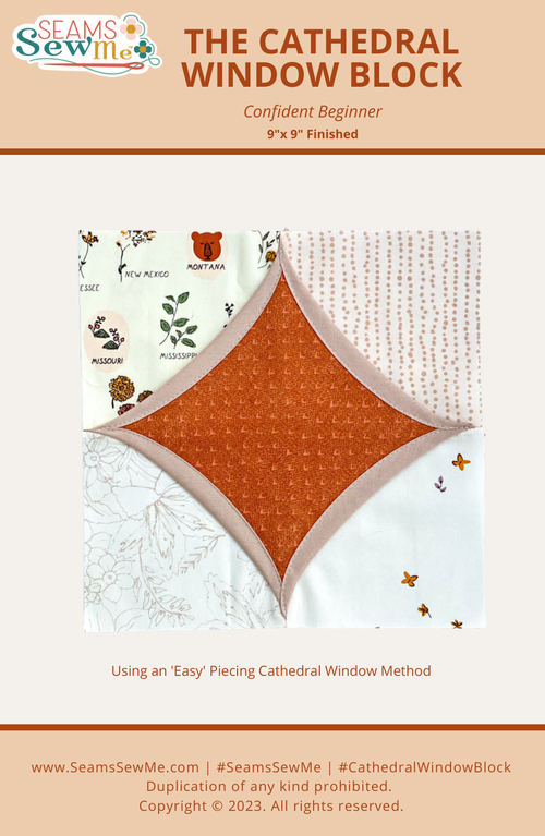 The Cathedral Window Block digital quilt pattern by Belle Brunner of Seams Sew Me, showing a finished block
