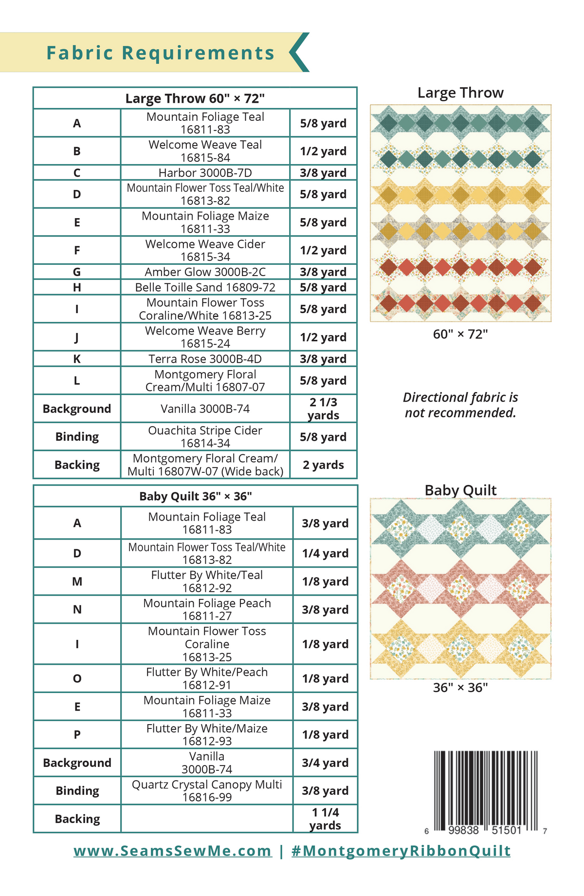 Montgomery Ribbon fabric requirements for throw and baby quilts