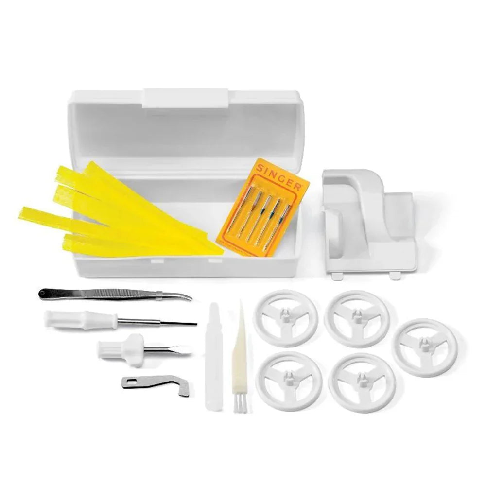 Accessories included with SINGER Professional 5 14T968DC serger including needles, tools, thread nets, and spool holders