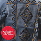 Decorative denim garment showcasing professional stitch patterns created with the SINGER Heavy Duty 6700C sewing machine