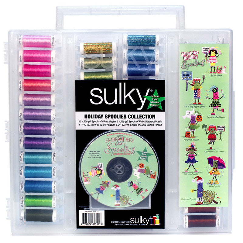 Closed Holiday Spoolie Collection #2 case with colorful threads, an embroidery-design CD and holiday character illustrations.