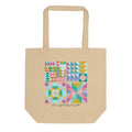 Natural-color Pastel 2 tote with a grid of colorful triangular quilt blocks above It's a good day to quilt lettering.