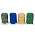 Four Sulky Cotton Blendables cones in multicolor, blue, golden cream and green shades.