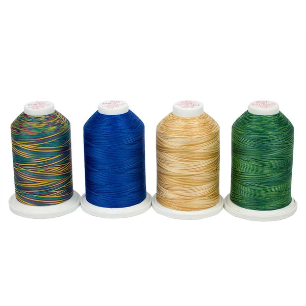 Four Sulky Cotton Blendables cones in multicolor, blue, golden cream and green shades.