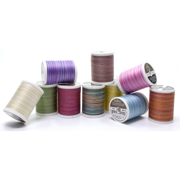 Ten Sulky Cotton Blendables spools grouped in purple, pink, green, blue, cream, brown and multicolor shades.