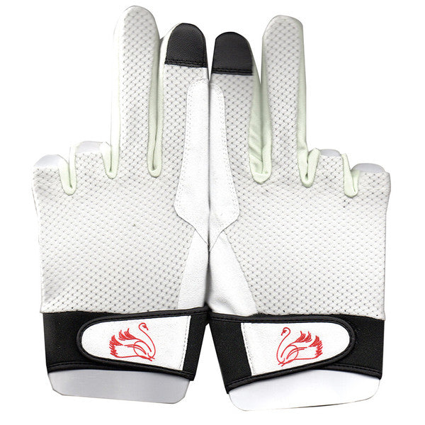 Pair of white Swan Amity quilting gloves with black fingertip patches, open fingertips and black wrist straps bearing red swan logos.