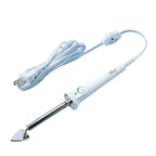 Unpackaged Clover Mini Iron showing its small triangular soleplate, long metal shaft, white handle and attached power cord.