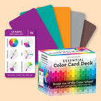 Essential Color Card Deck box beside fanned purple, teal, orange, gray and brown cards and a card showing color-wheel combinations.