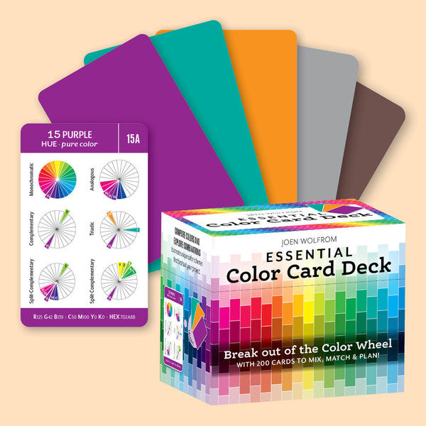 Essential Color Card Deck box beside fanned purple, teal, orange, gray and brown cards and a card showing color-wheel combinations.