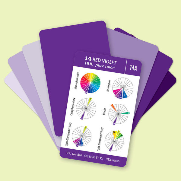 Red-violet cards from the Essential Color Card Deck, showing purple shades and a reverse side with color-harmony diagrams.