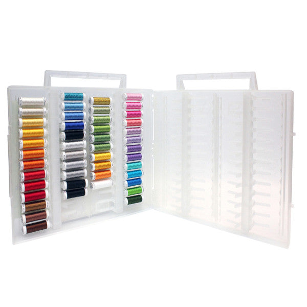 Open Holiday Spoolie Collection #2 case with rows of colorful thread spools and empty slots in the opposite panel.
