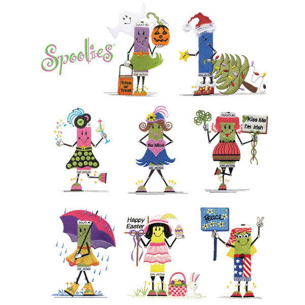 Holiday Spoolie embroidery designs showing thread-spool characters with Halloween, Christmas, Valentine, Easter and other seasonal themes.