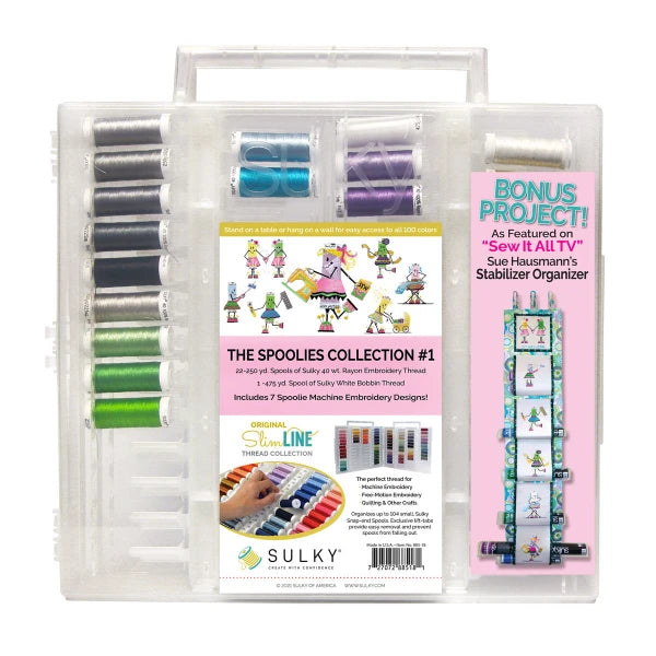 Closed Sulky Sewing Spoolie Collection #1 case with colorful threads, character designs and a stabilizer-organizer project insert.