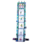 Finished hanging stabilizer organizer with embroidered Spoolie characters, patterned borders and rolls held along the sides.