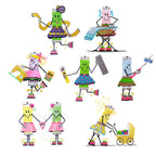 Sewing Spoolie character designs made from illustrated thread spools, with sewing, ironing, measuring and crafting accessories.