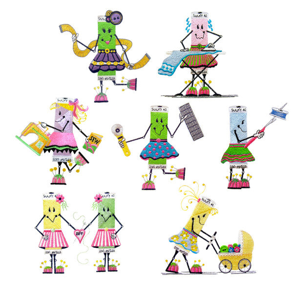 Sewing Spoolie character designs made from illustrated thread spools, with sewing, ironing, measuring and crafting accessories.