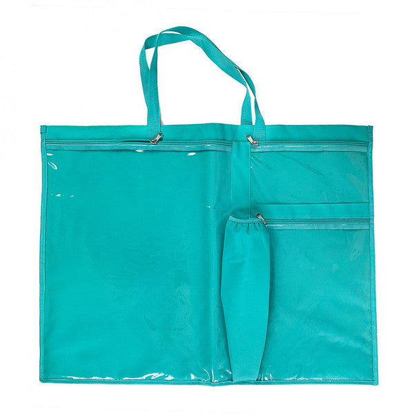 Teal ToteOlogy bag showing empty clear front pockets, including one large section and two smaller zippered sections.
