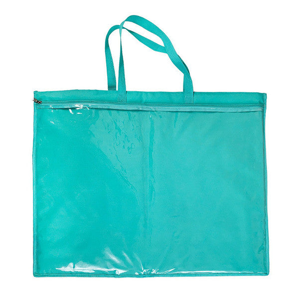 Teal ToteOlogy bag showing an empty full-width clear pocket beneath a long zipper and two carrying handles.