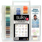 Closed Sue Hausmann Vintage Quilting Collection case with assorted threads, floral design samples and a quilt-project insert visible.