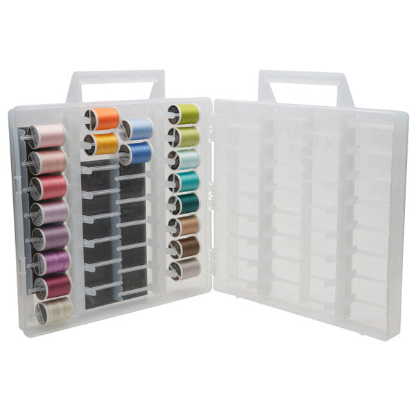 Open Universal Slimline case with the Sue Hausmann collection's thread spools arranged in columns and empty slots on the opposite side.