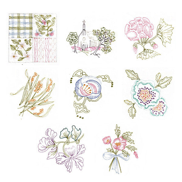 Eight vintage embroidery design samples from the Sue Hausmann collection, including flowers, wheat and a church scene.